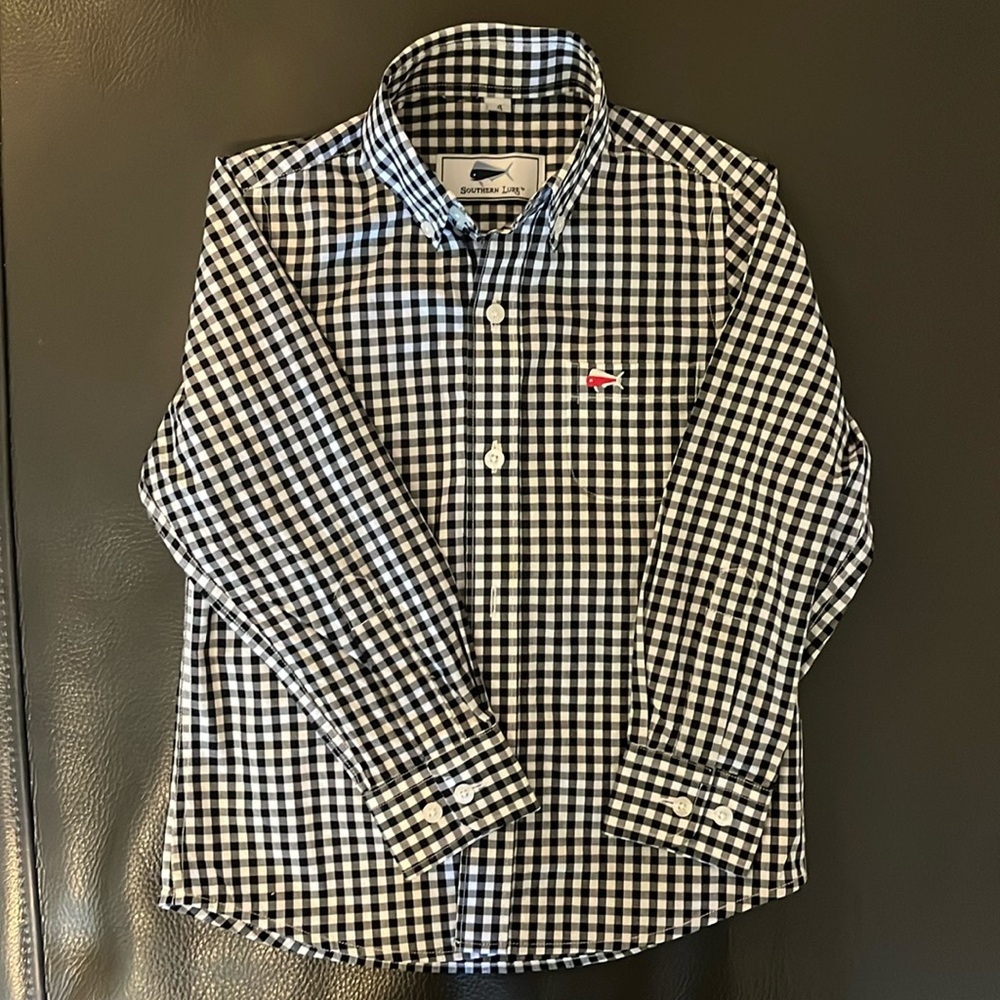 Southern Lure dress shirt, black/white plaid, Boys size 4, EUC.